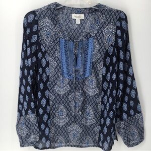 Blue Beaded Embroidered Paisley/Damask Boho V-Neck 3/4 Sleeve Tunic - Sz S